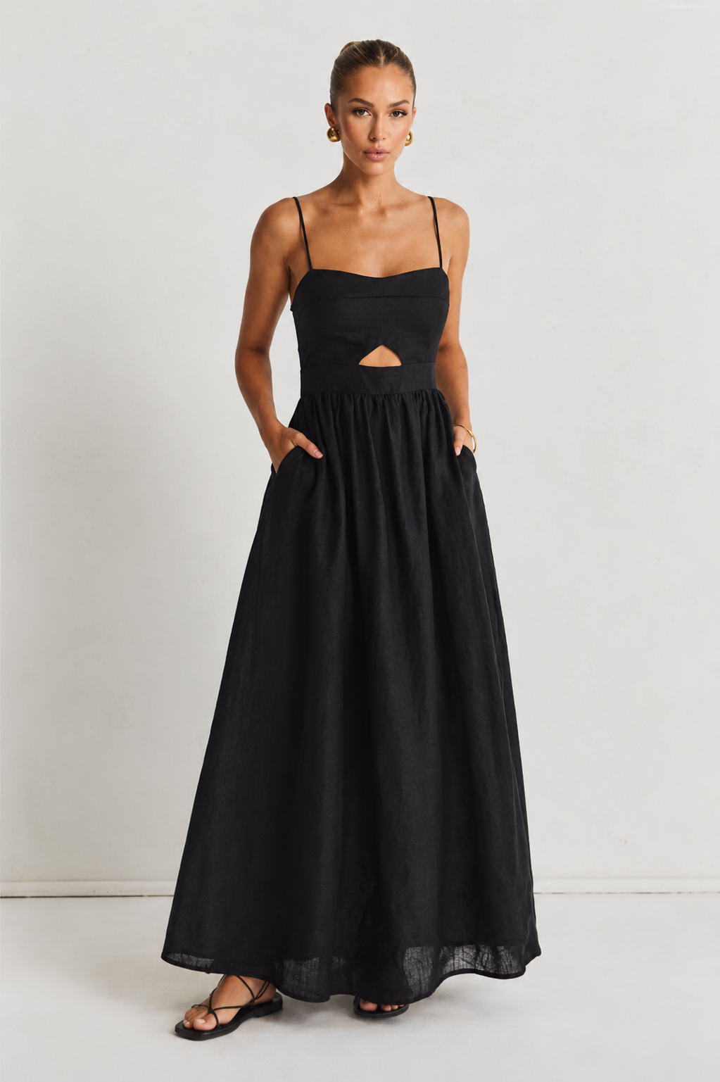 Cotton Sleeveless Pockets Cutout Long Dress